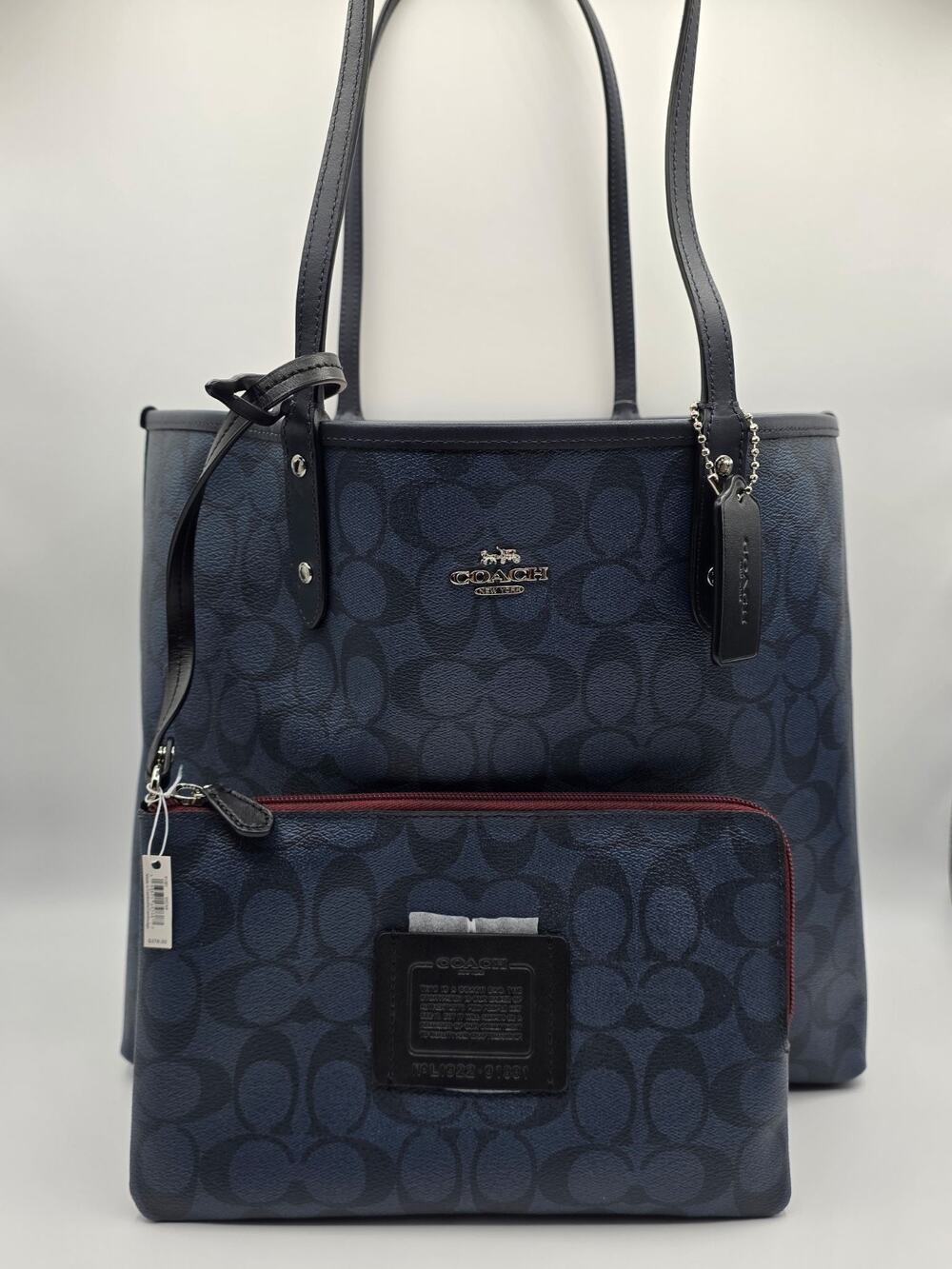 Coach 91381 Reversible City Tote Navy Signature PVC Shoulder Bag w/ Matching Zip